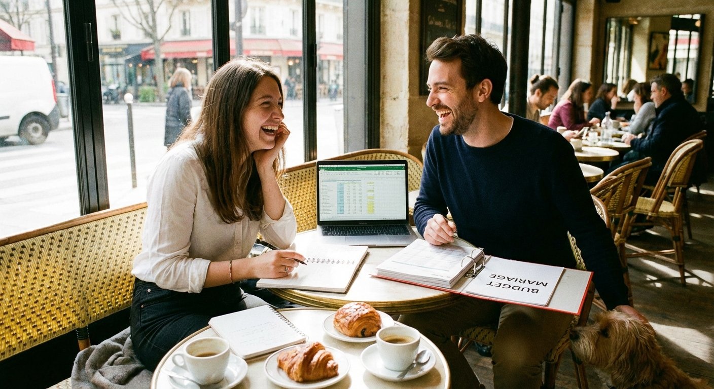 Couple heureux discutant du budget de mariage autour d'un café.
