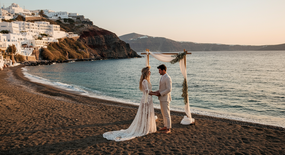 Barefoot Bliss: Charlotte and David's Sunset Beach Wedding in Santorini