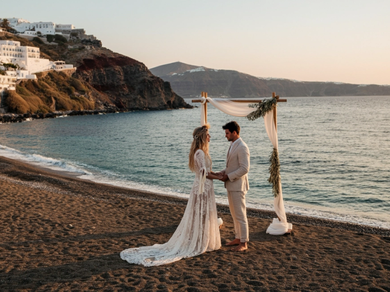 Barefoot Bliss: Charlotte and David's Sunset Beach Wedding in Santorini