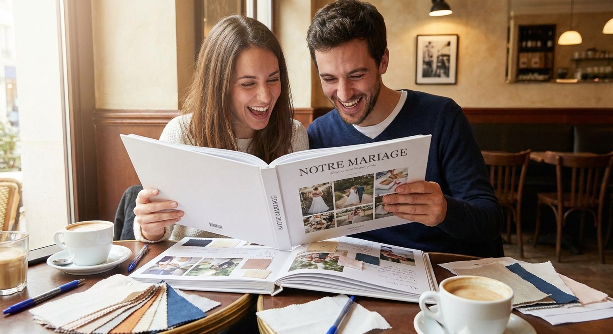 Couple regardant un livre de planification de mariage.