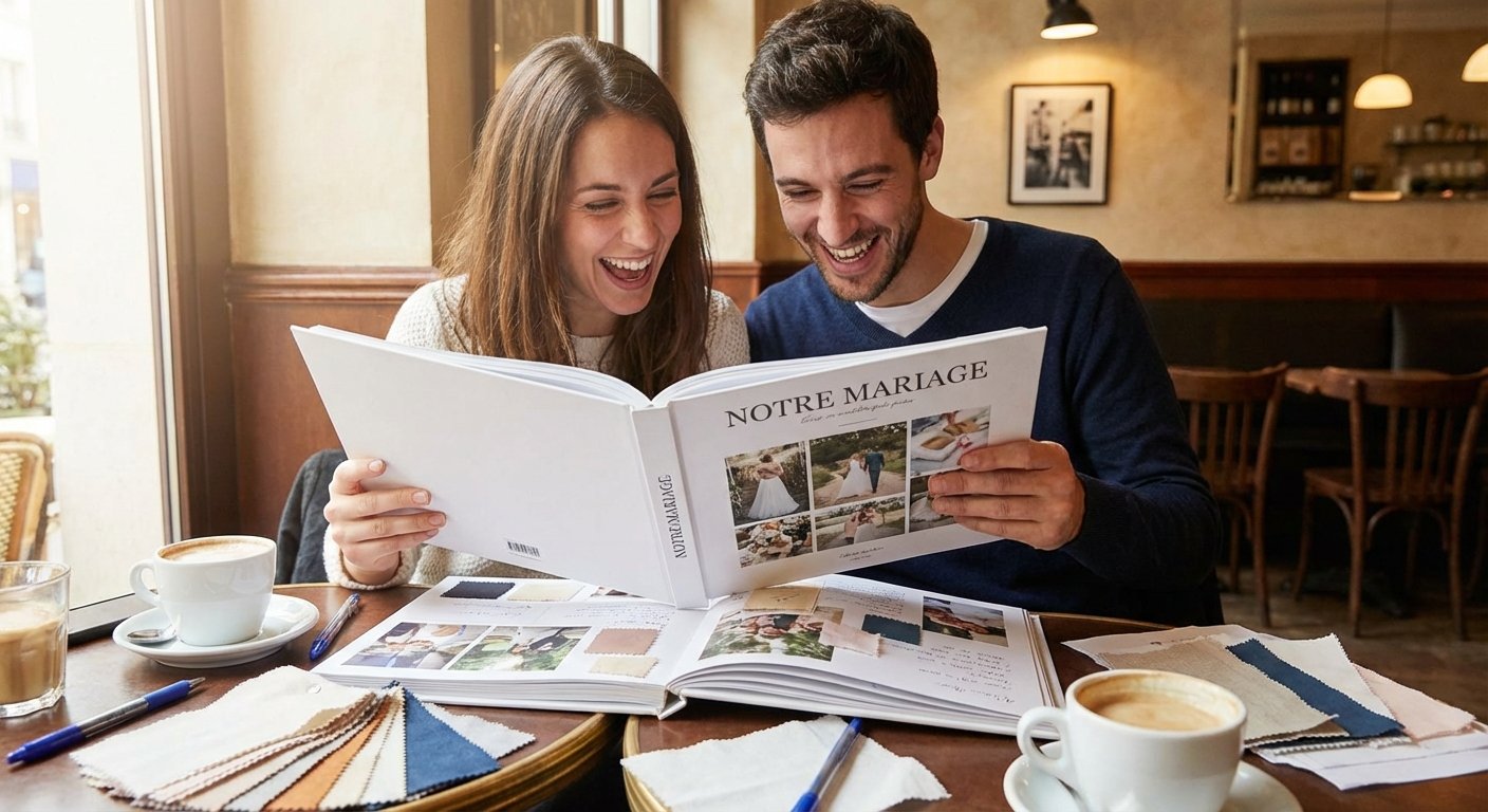 Couple regardant un livre de planification de mariage.