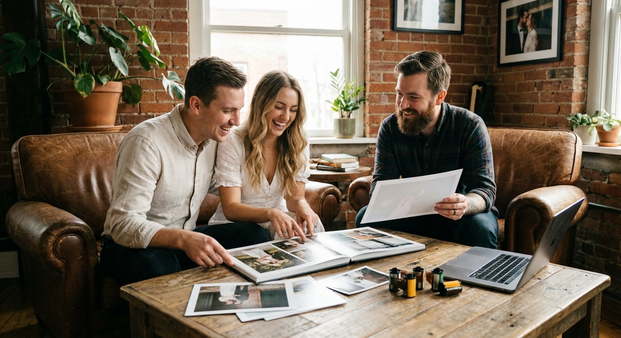 Couple examinant des photos de mariage