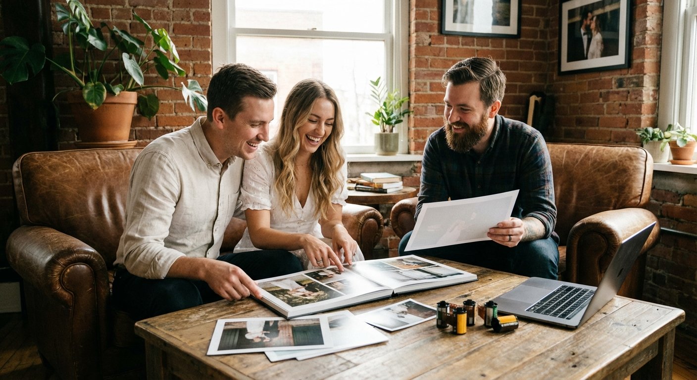 Couple examinant des photos de mariage