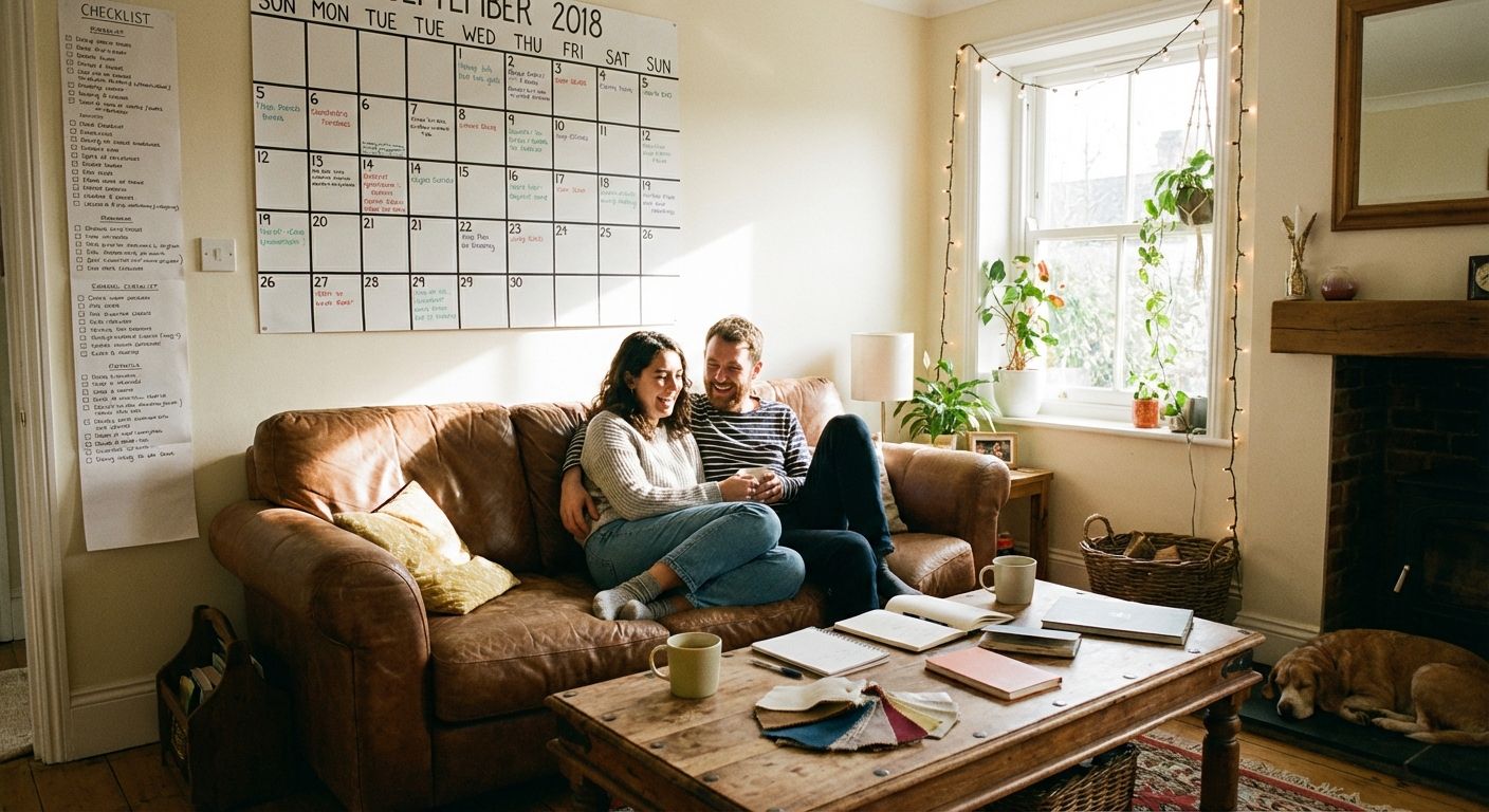 Couple planifiant leur mariage avec une checklist et un calendrier.