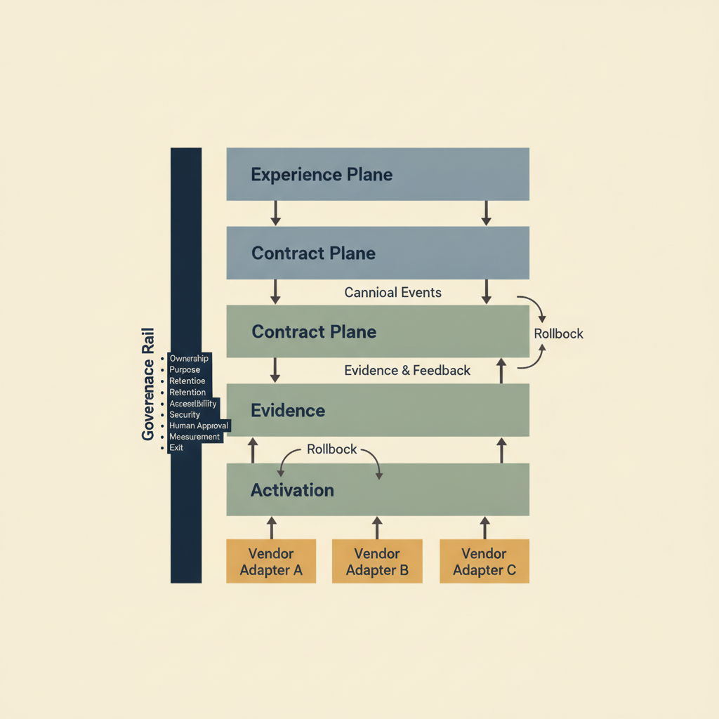 A systems diagram showing the Experience, Contract, Evidence, and Activation planes connected by a governance rail, with replaceable adapters and human approval gates.