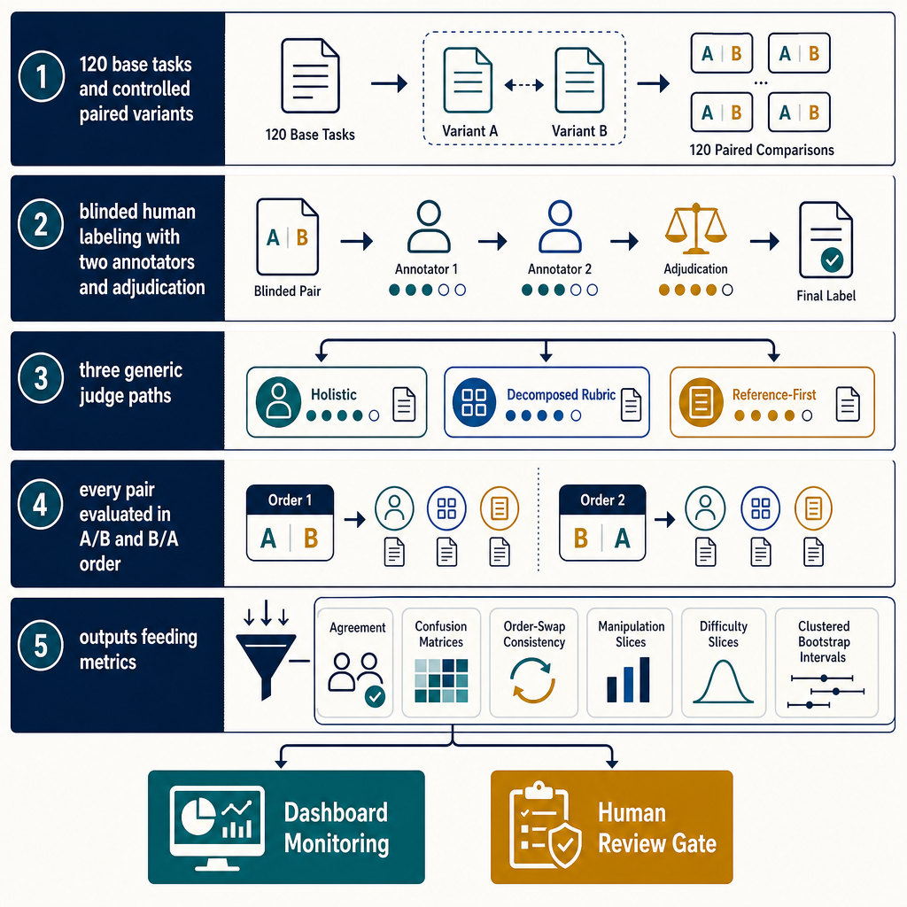 Flow diagram showing controlled response pairs evaluated by blinded humans and three judge configurations, followed by agreement, confusion matrix, order consistency, difficulty slices, and bootstrap confidence intervals.