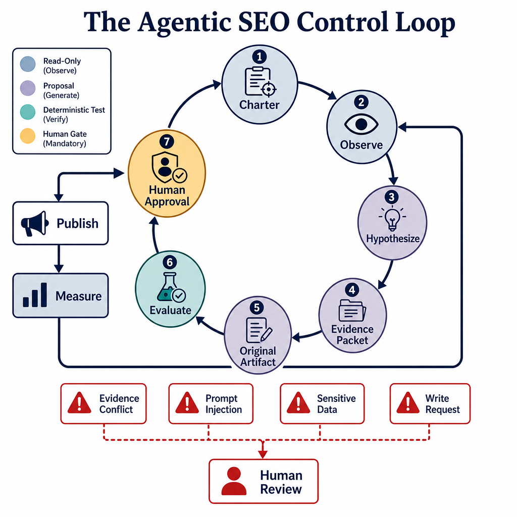The Agentic SEO Control Loop moving from mission and read-only observation through evidence, original artifacts, evaluation, human approval, publication, and measurement.