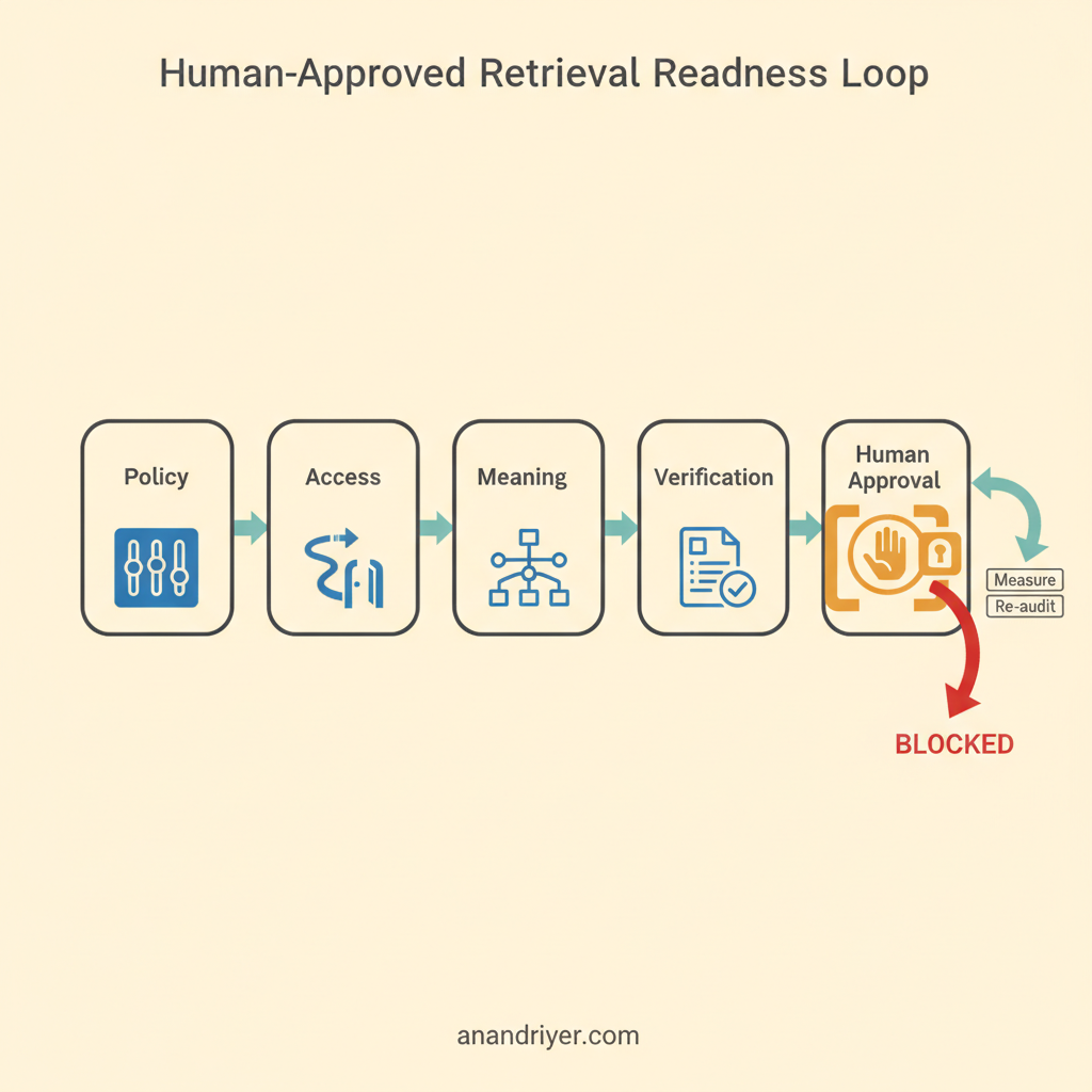 Six connected stages show crawler policy, access, meaning, evidence, verification, and human approval feeding into a measurement loop.