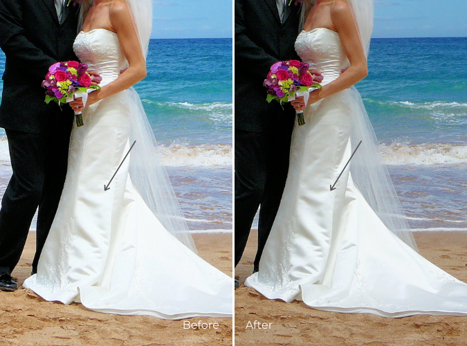 Before-and-after comparison of a bride’s retouched wedding dress