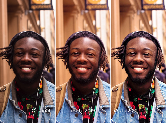 Portrait comparison labeled “Original,” “iAuto 2019,” and “iAuto 2021”