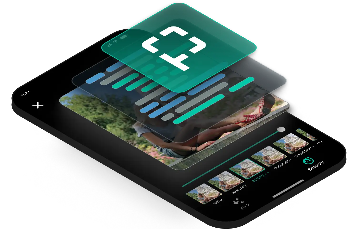 Mobile photo-editing interface with layered code and SDK symbol