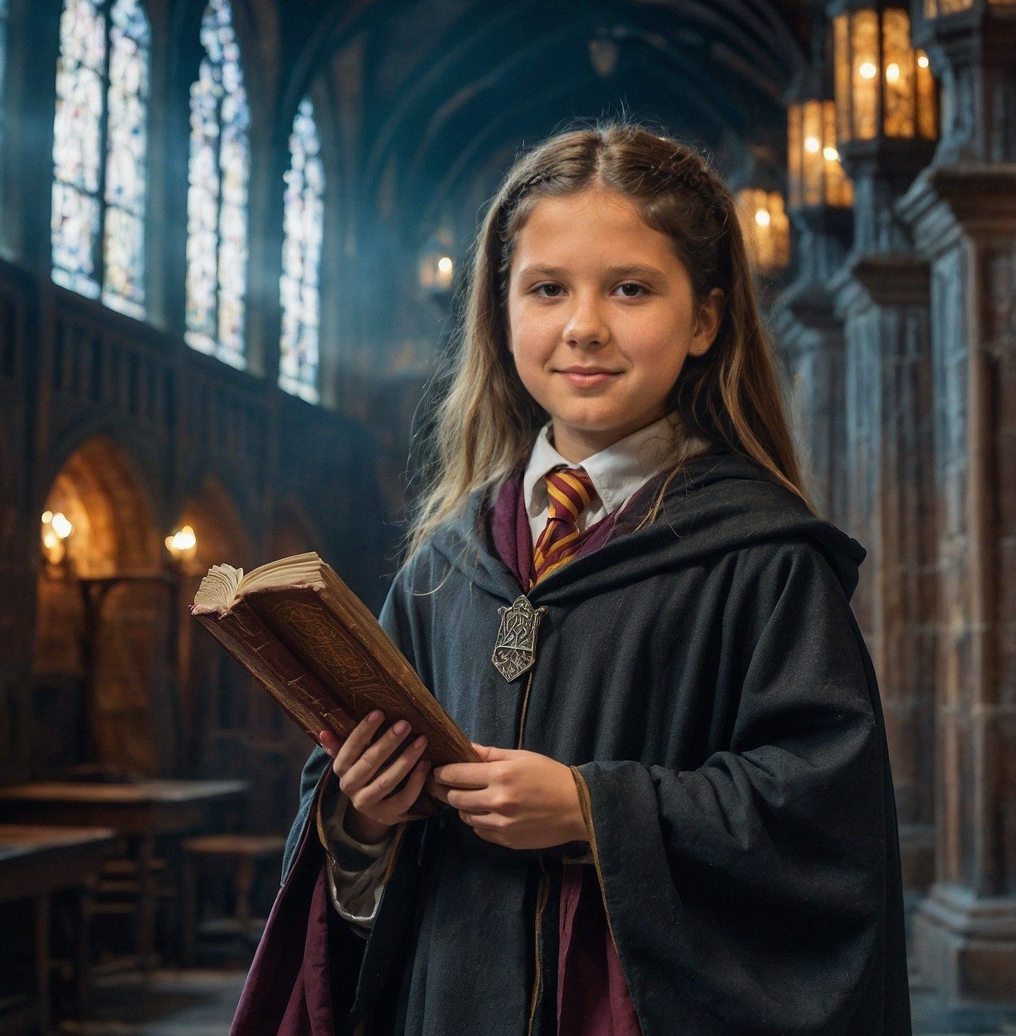 Girl in a school robe holds an open book in a hall