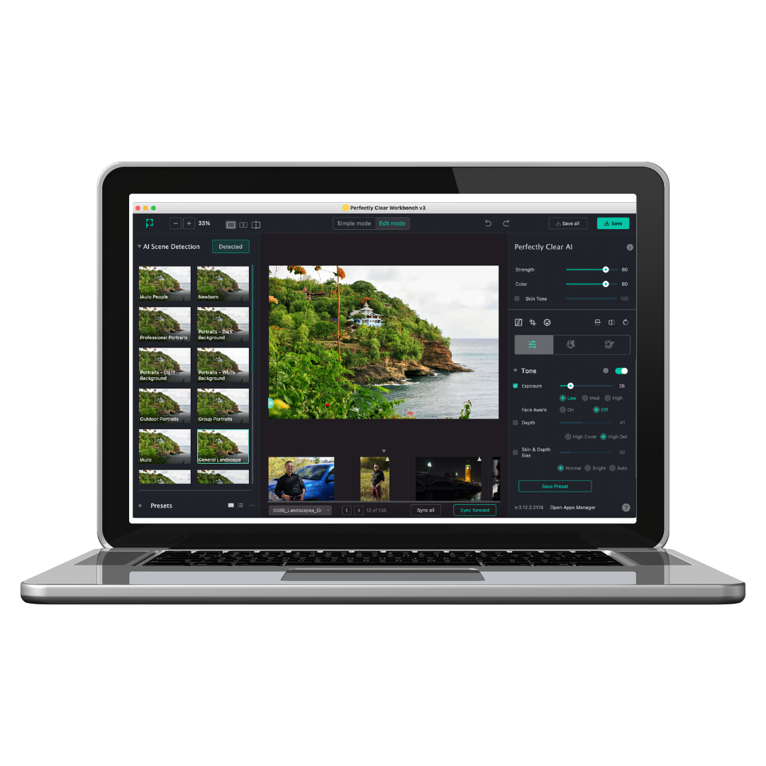 Laptop displaying Perfectly Clear Workbench photo editing interface
