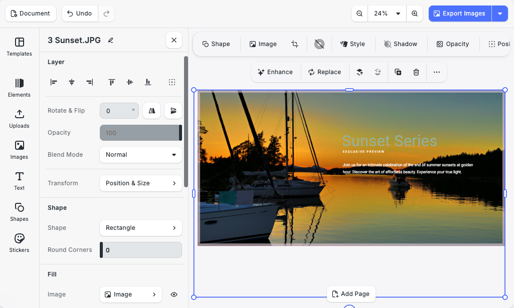 Design editor showing selected “Sunset Series” marina banner