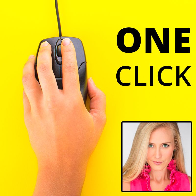 Hand clicking a computer mouse beside “ONE CLICK” and a portrait