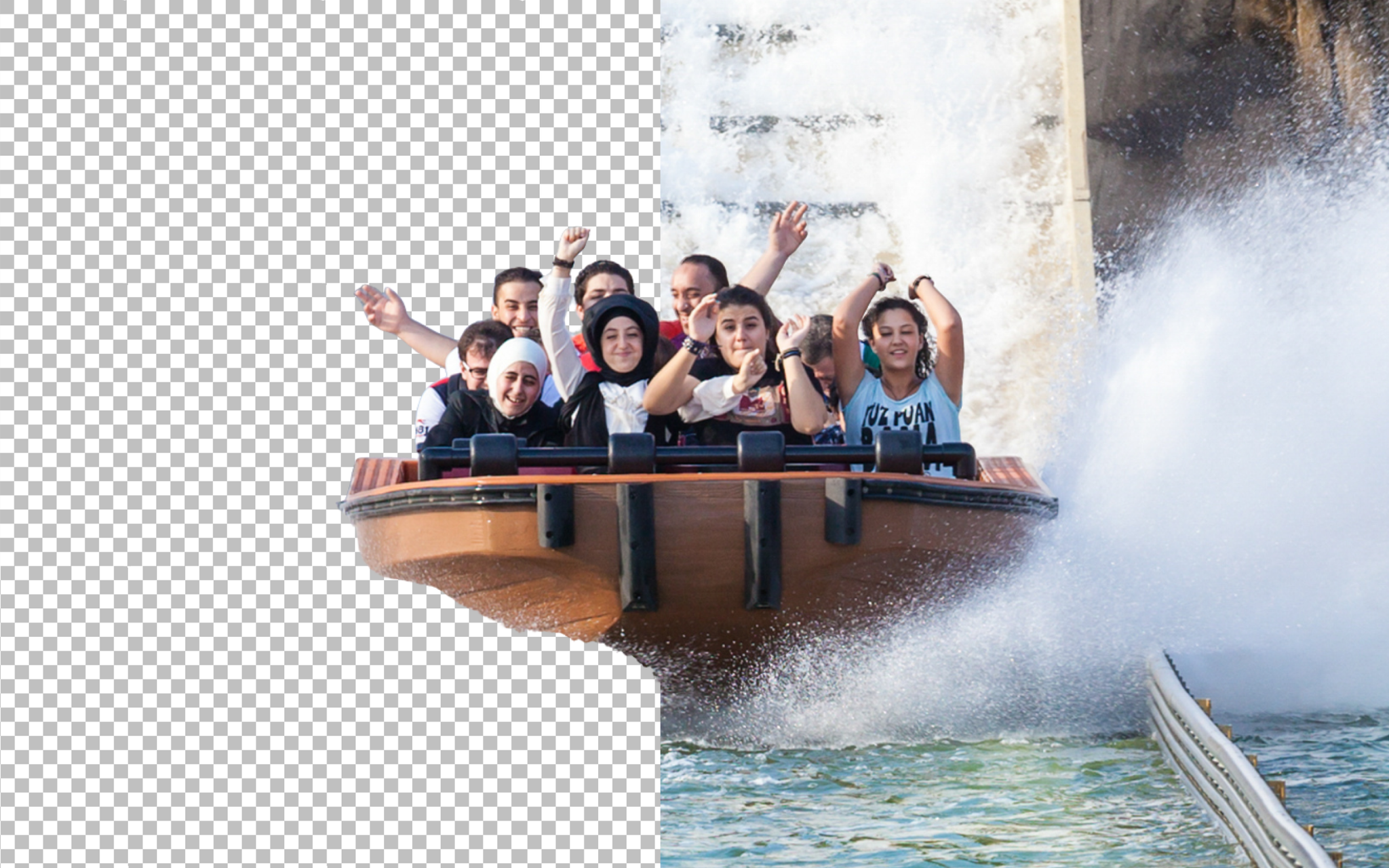 People raise their arms aboard a water ride boat