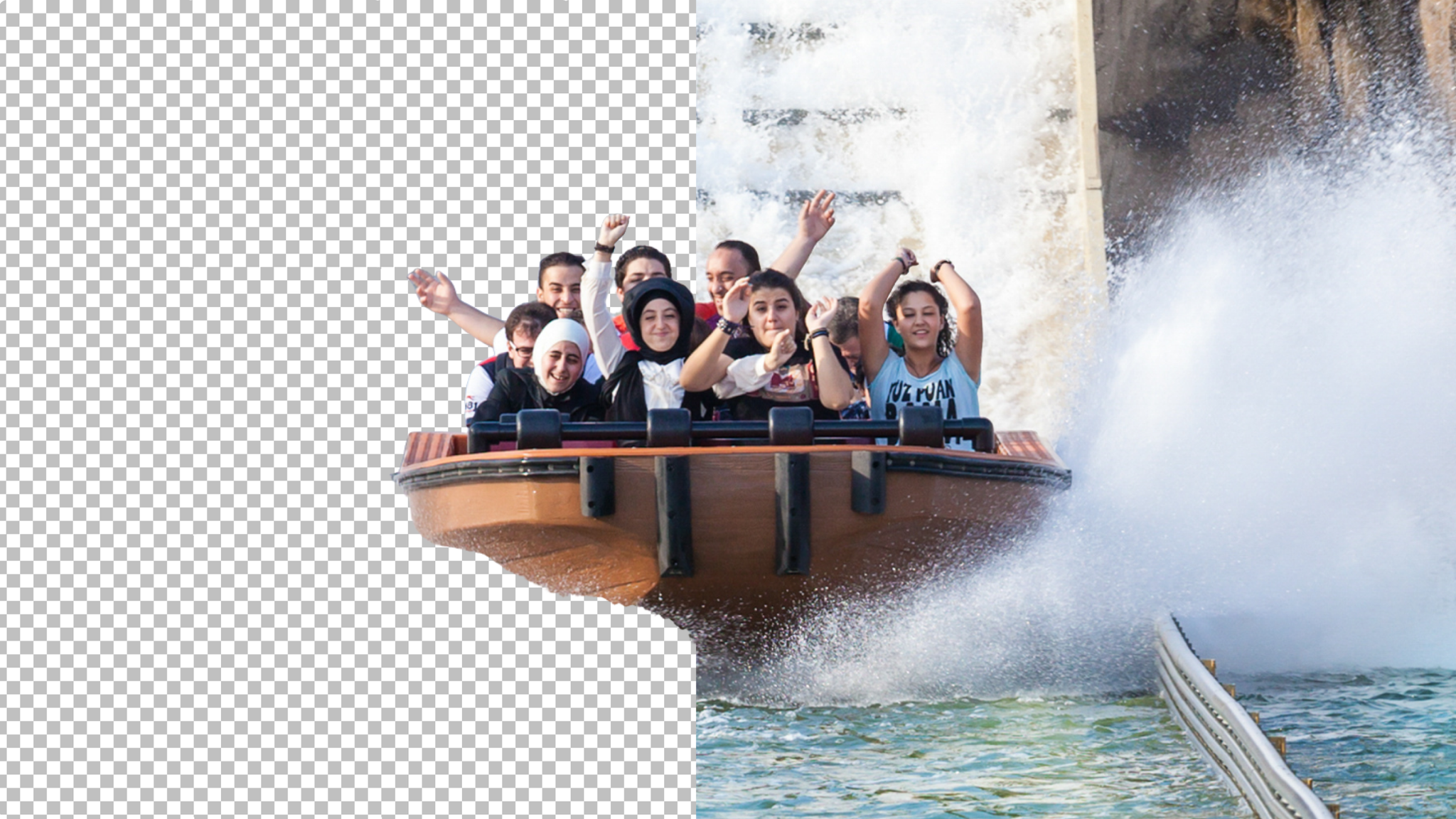 People raise their arms aboard a water ride boat
