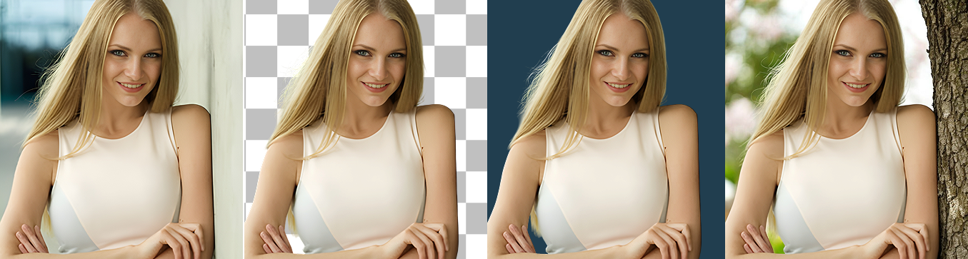 Woman shown against blurred, transparent, solid, and outdoor backgrounds