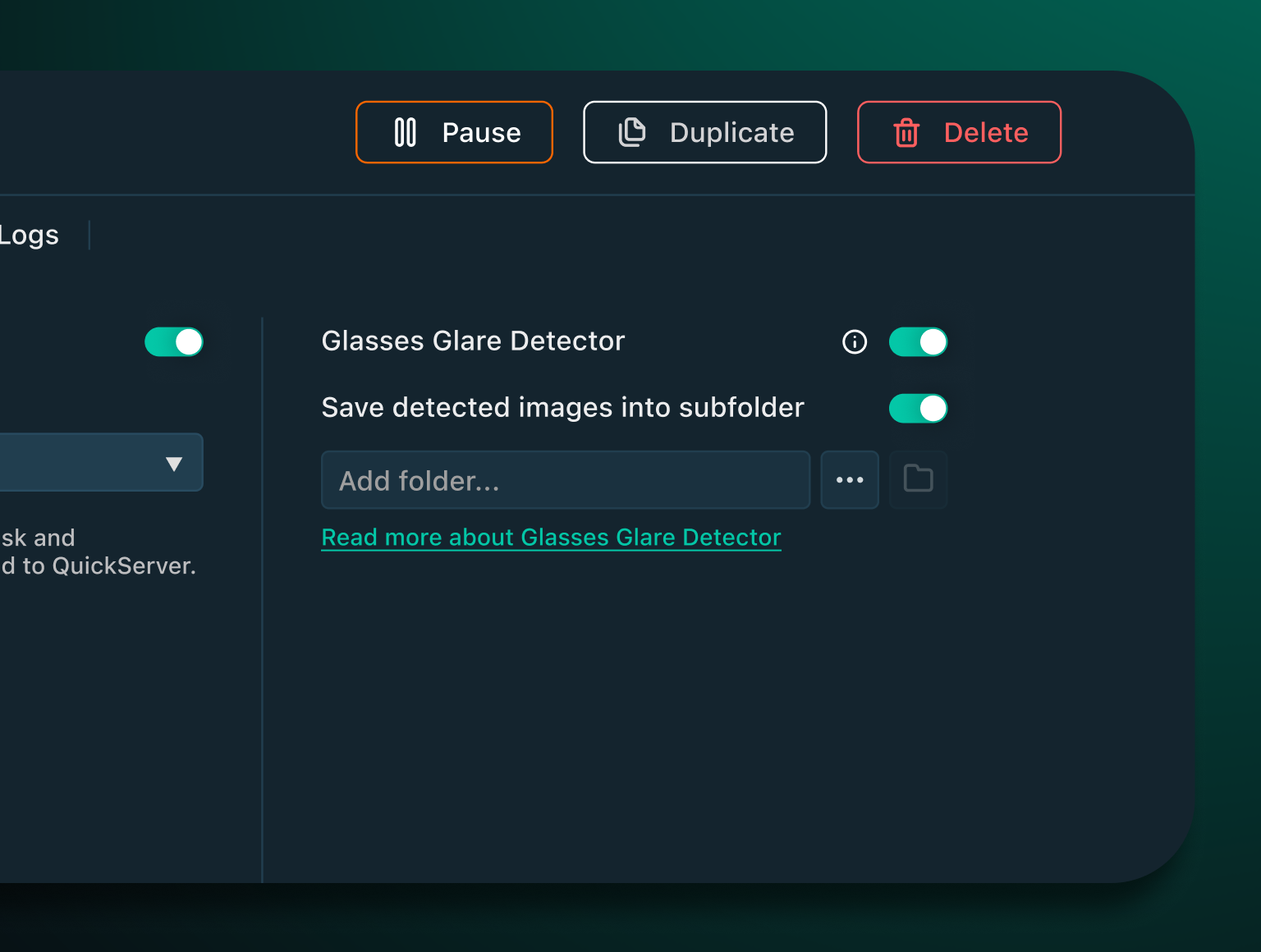 A dark interface shows toggle switches for Glasses Glare Detector and Save detected images into subfolder, both enabled. Buttons for Pause, Duplicate, and Delete appear at the top.