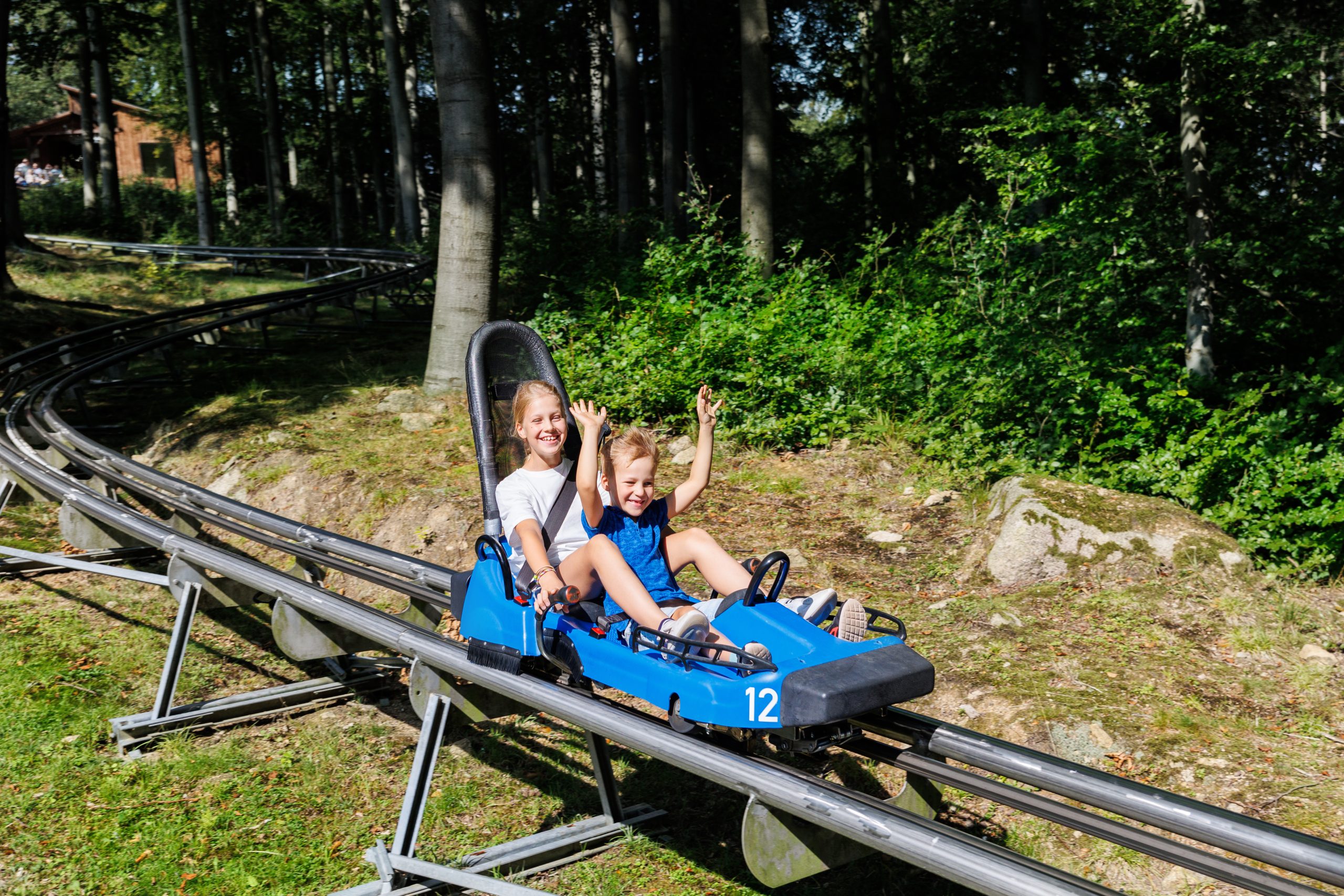 Two children ride an alpine coaster through a wooded area