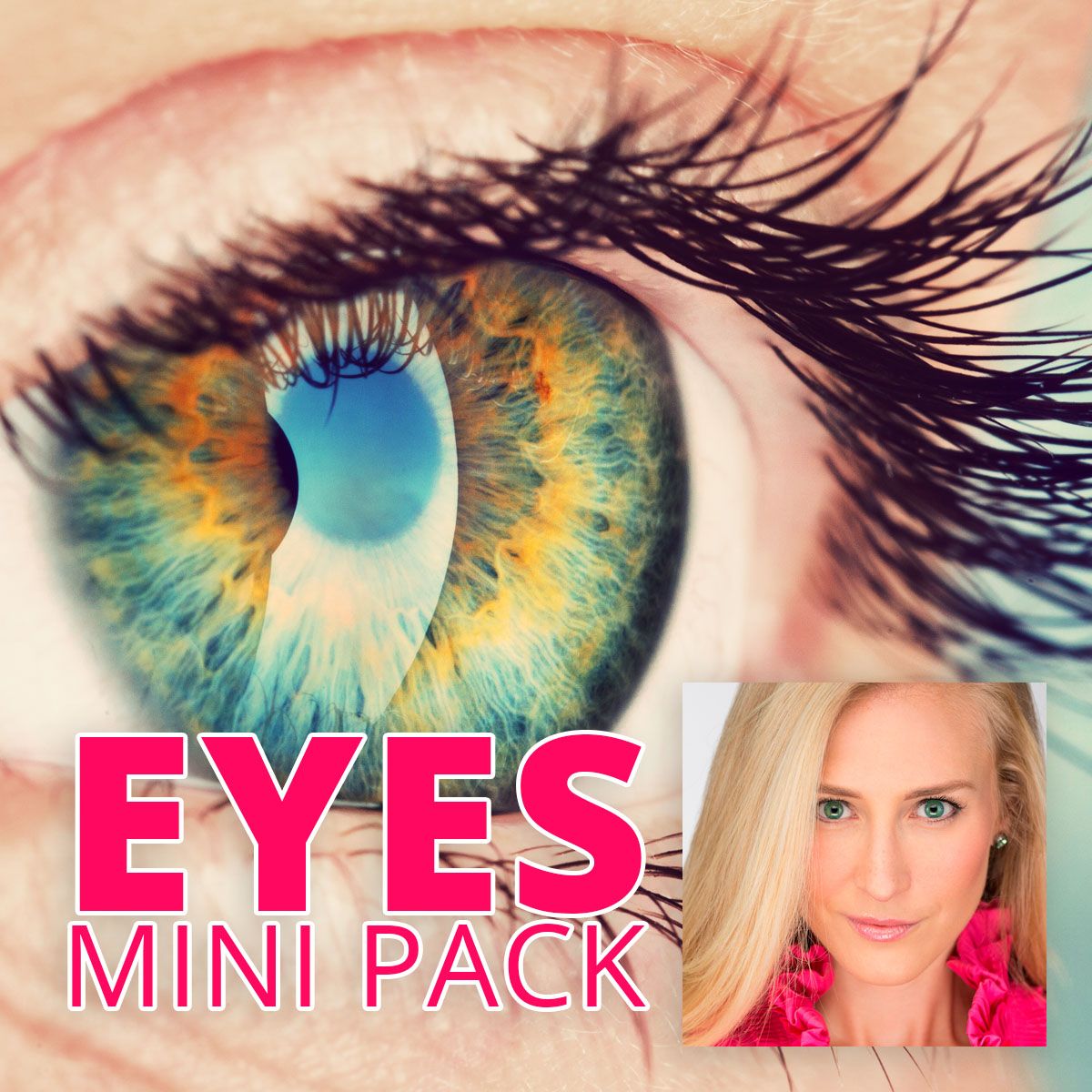 Close-up of a green eye with text “EYES MINI PACK”