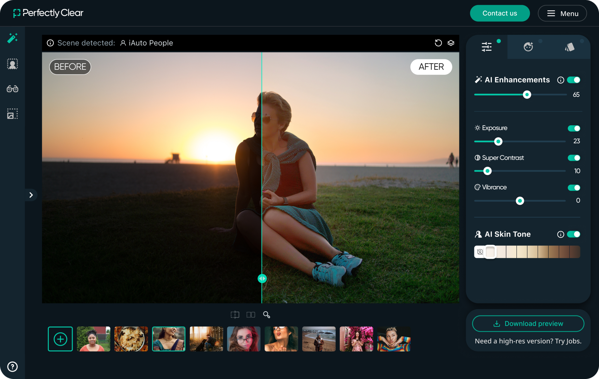 Perfectly Clear interface comparing before and after AI photo enhancements