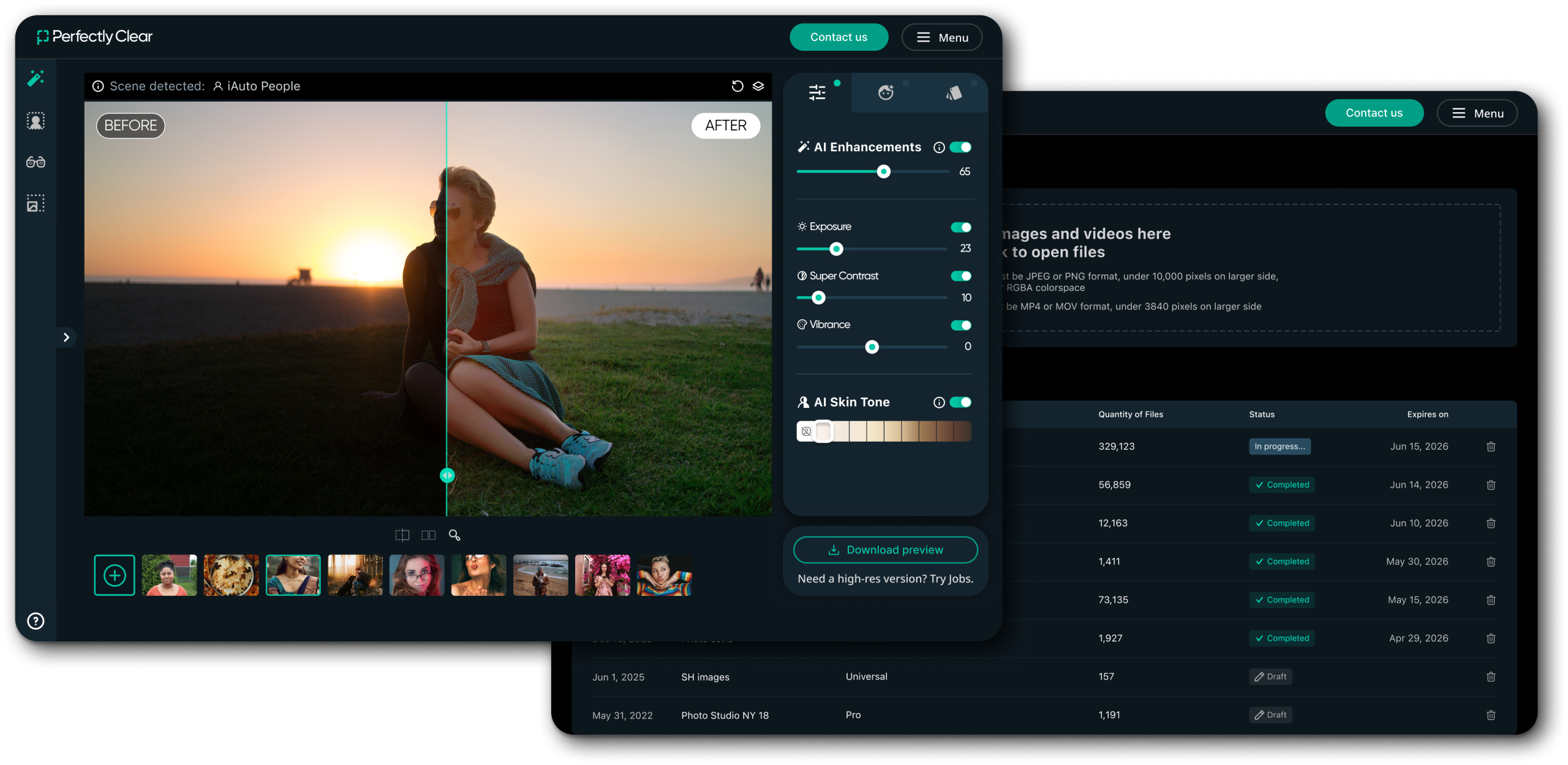 Perfectly Clear interface showing before-and-after portrait enhancements and processing status