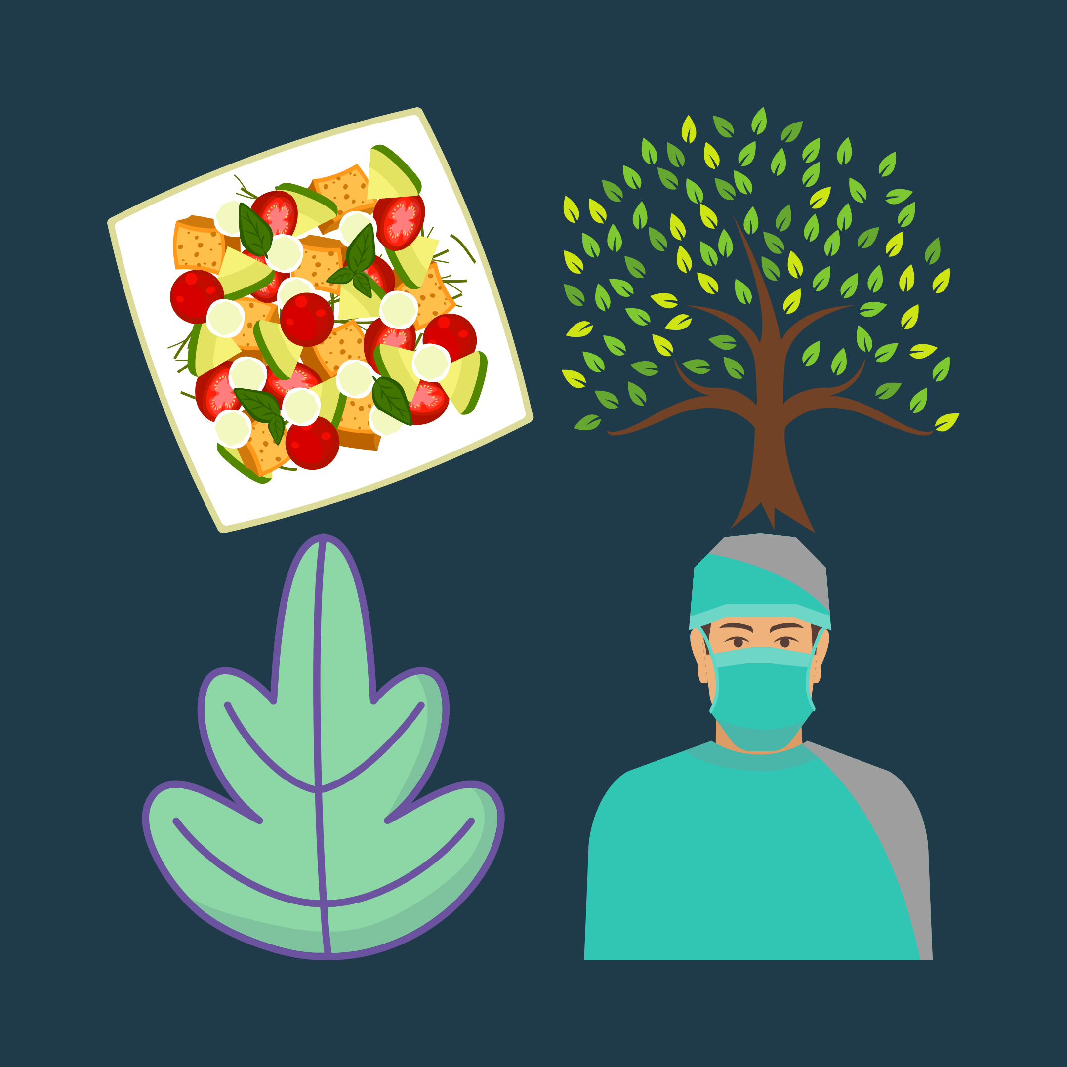 Salad, tree, leaf and masked healthcare worker illustrations