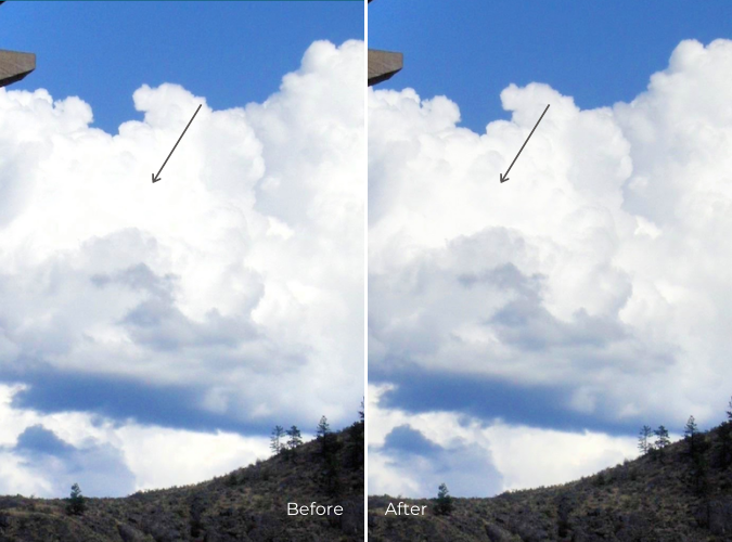 Before-and-after comparison shows a small cloud detail removed