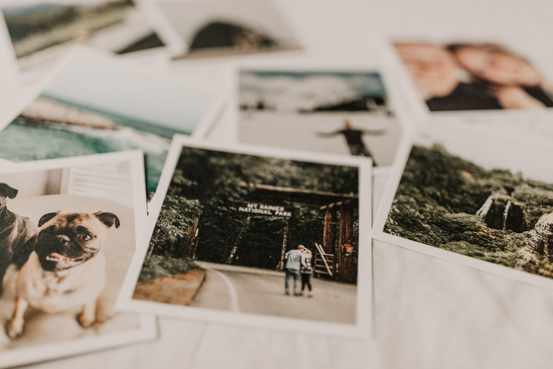 Printed travel, portrait and pet photographs scattered across a surface