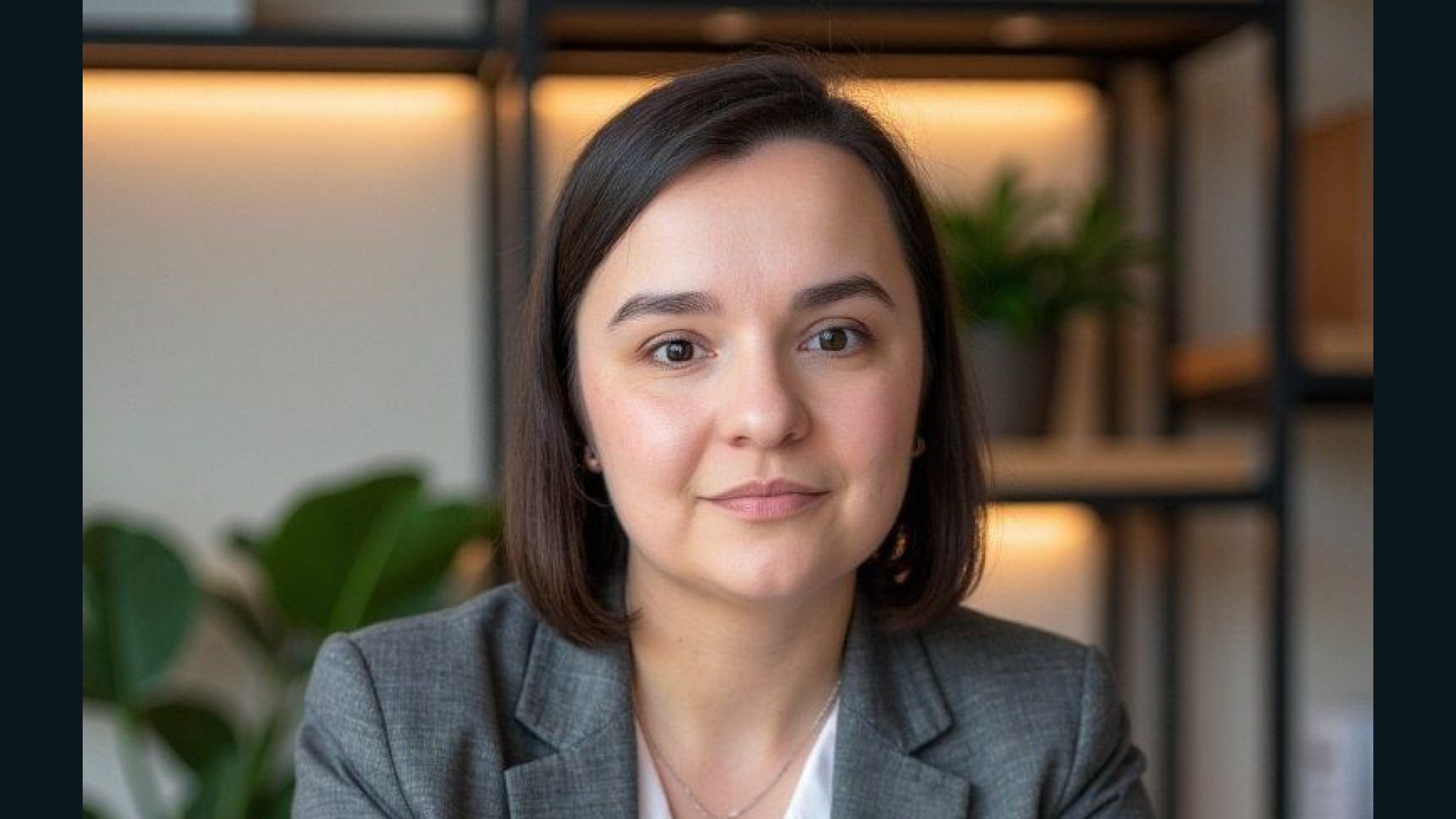 Woman in a gray blazer looking at the camera