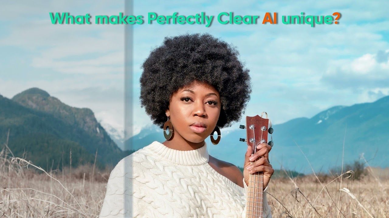Woman holding a ukulele beneath “What makes Perfectly Clear AI unique?”
