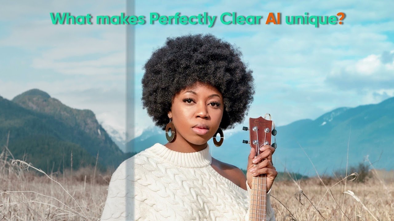 Woman holding a ukulele beneath “What makes Perfectly Clear AI unique?”
