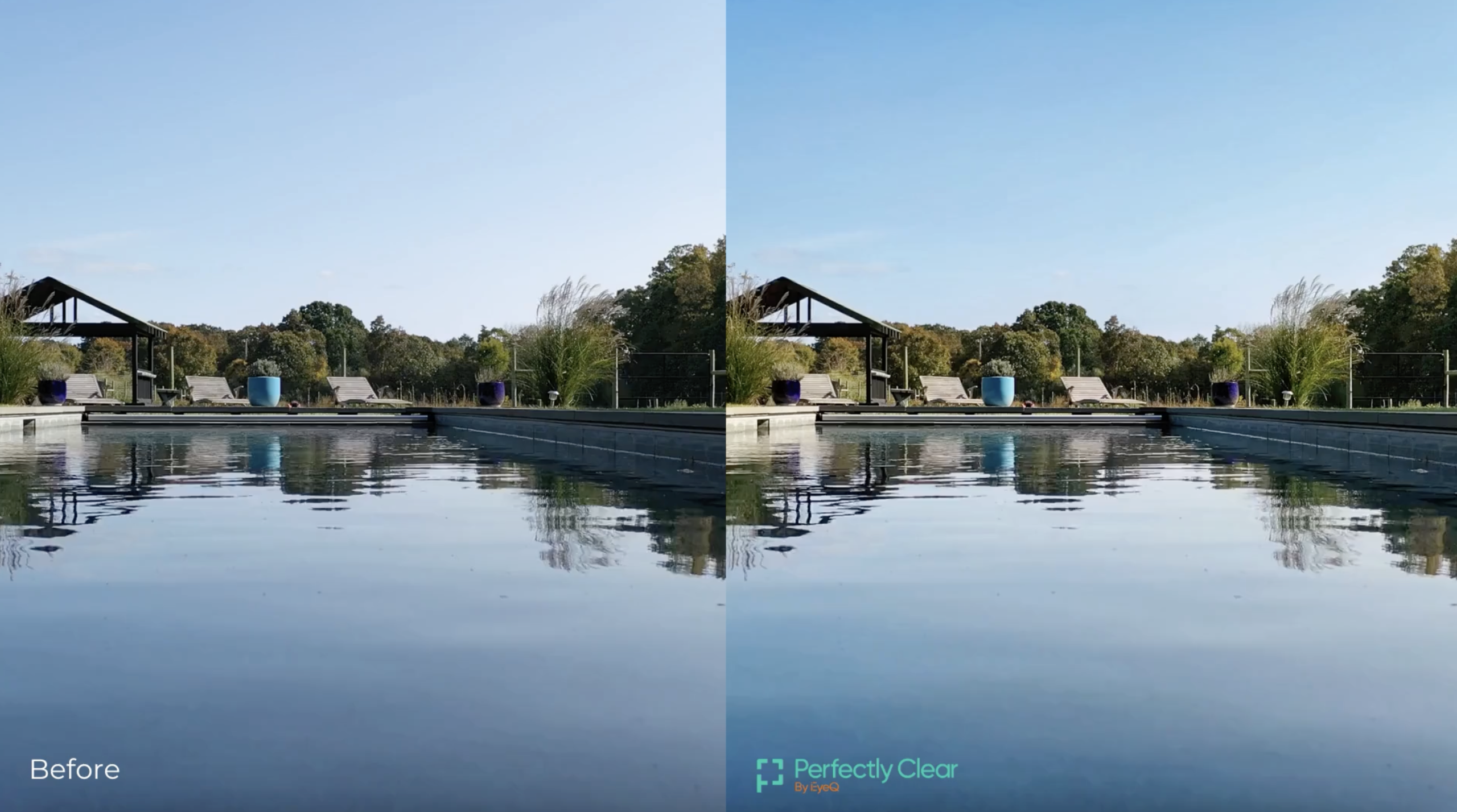 Before-and-after comparison of a swimming pool with enhanced clarity