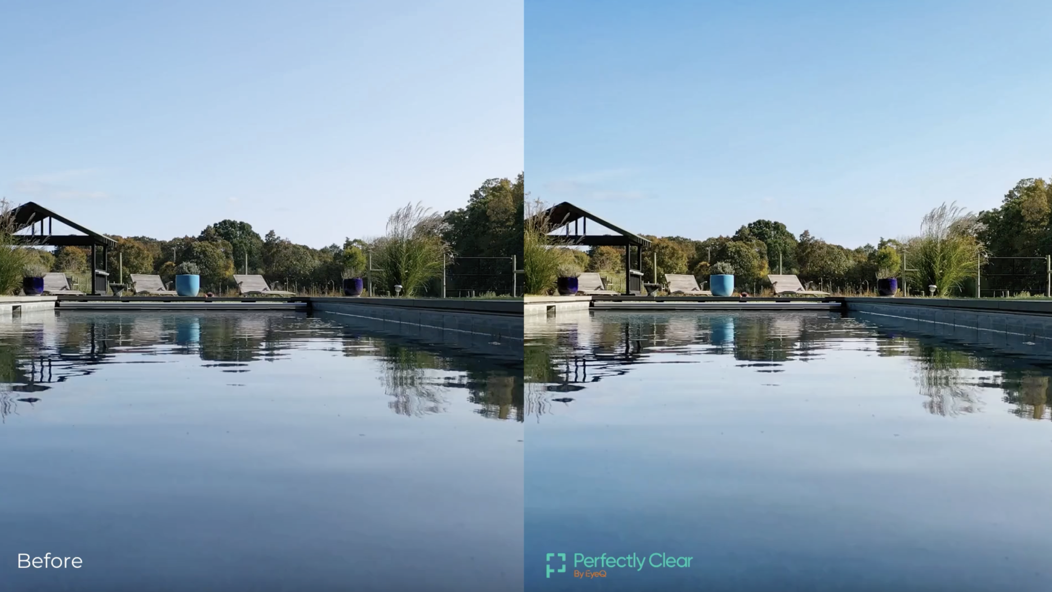 Before-and-after comparison of a swimming pool with enhanced clarity