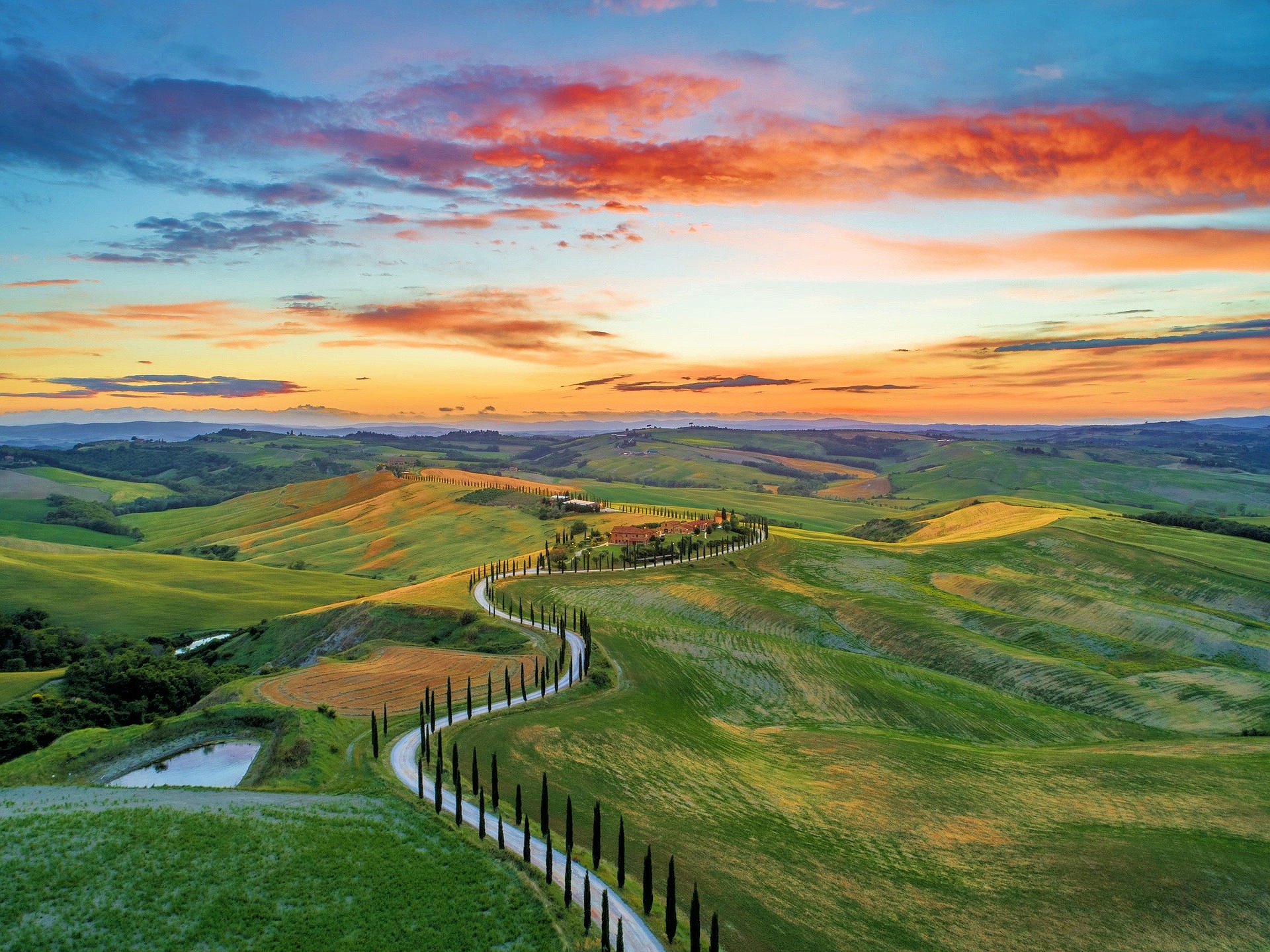 Winding cypress-lined road crosses rolling farmland beneath a sunset sky