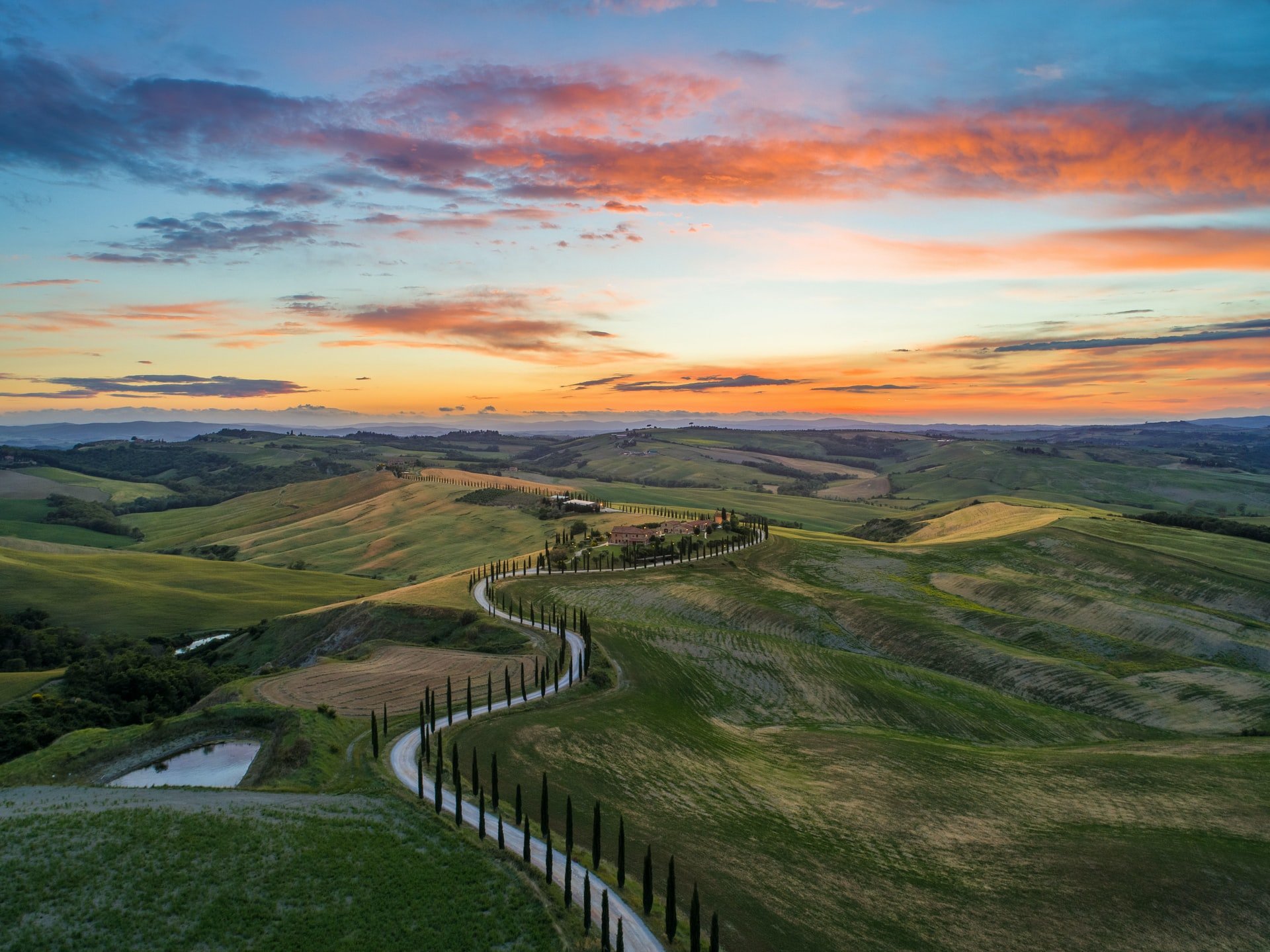 Winding cypress-lined road crosses rolling farmland beneath a sunset sky