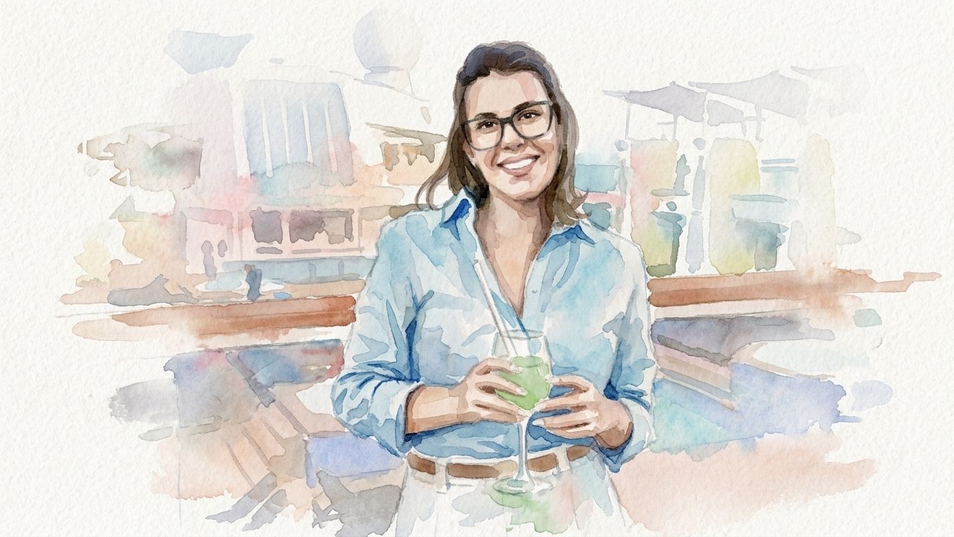 Woman holding a drink and phone at an outdoor café