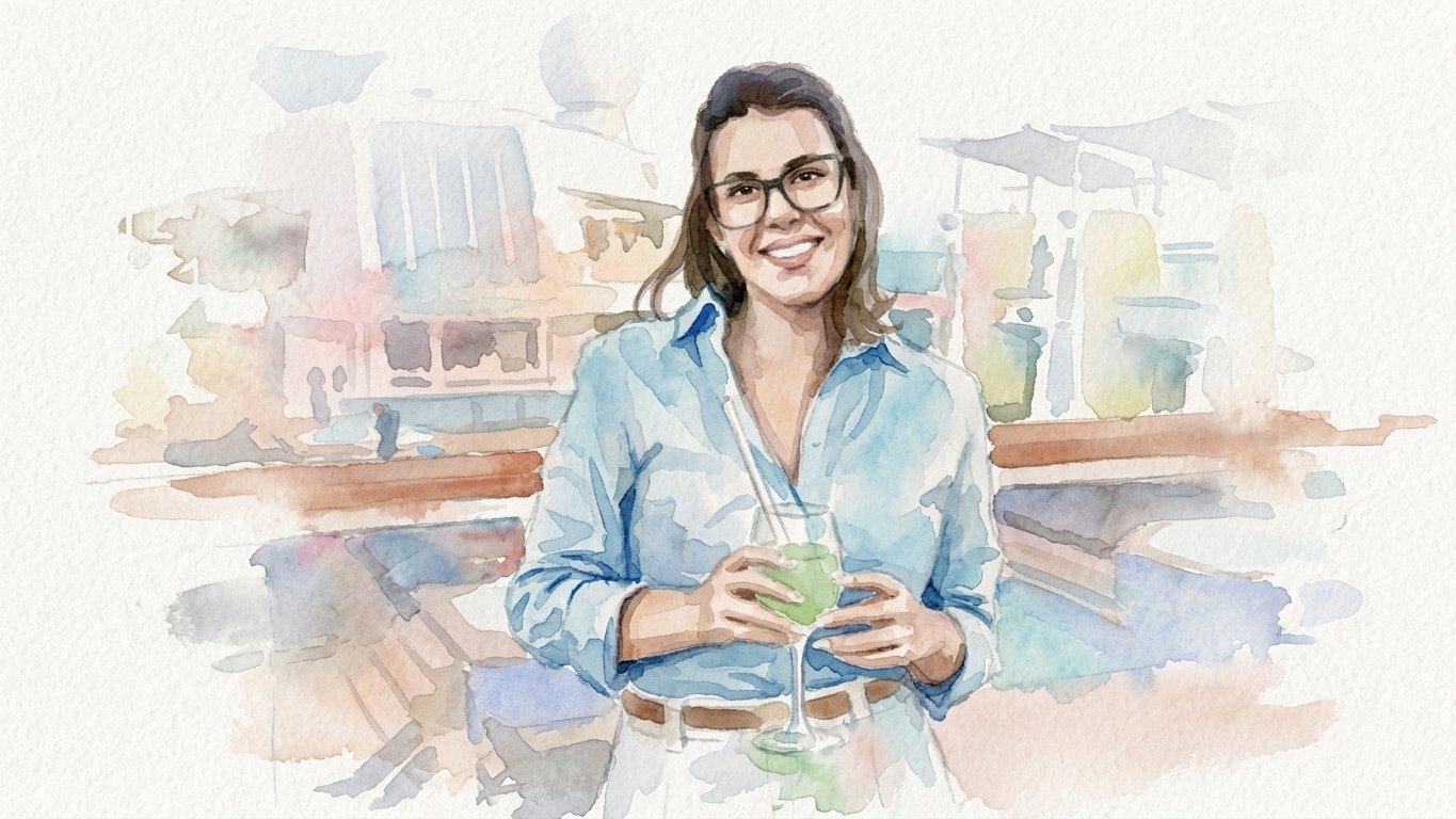 Woman holding a drink and phone at an outdoor café
