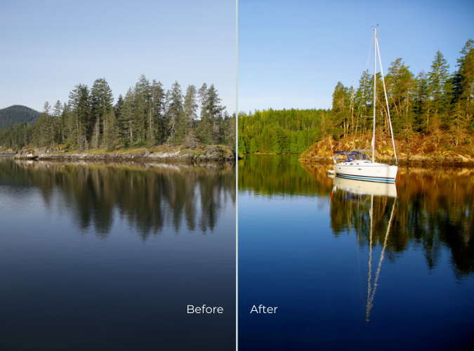 Before and after comparison adds a sailboat to a forest lake