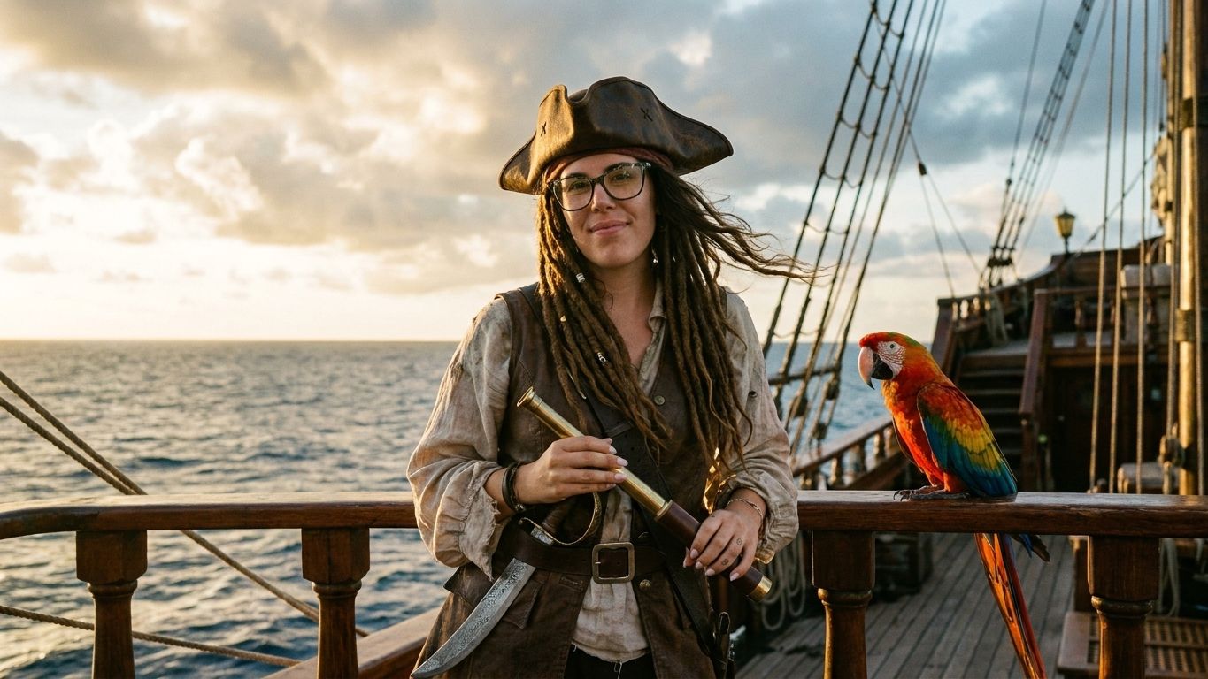 Pirate holding a spyglass beside a parrot aboard a ship