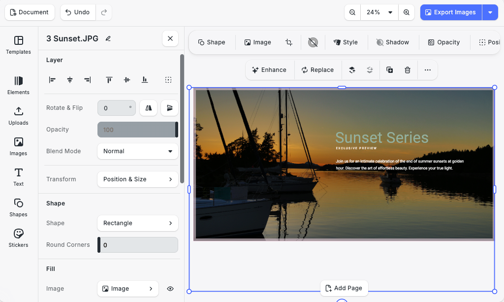 Design editor showing a selected “Sunset Series” sailboat banner