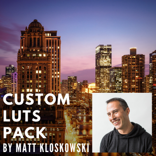 Matt Kloskowski beside a city skyline and “Custom LUTs Pack” text