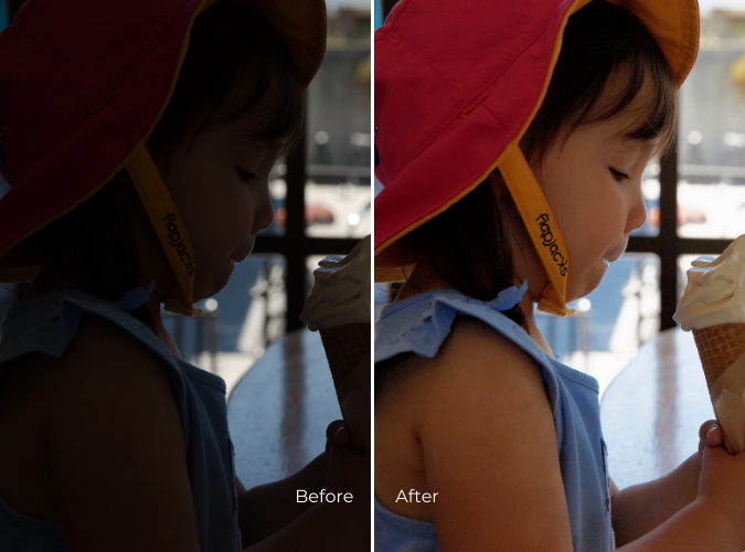 Before-and-after exposure correction of a child holding an ice cream cone