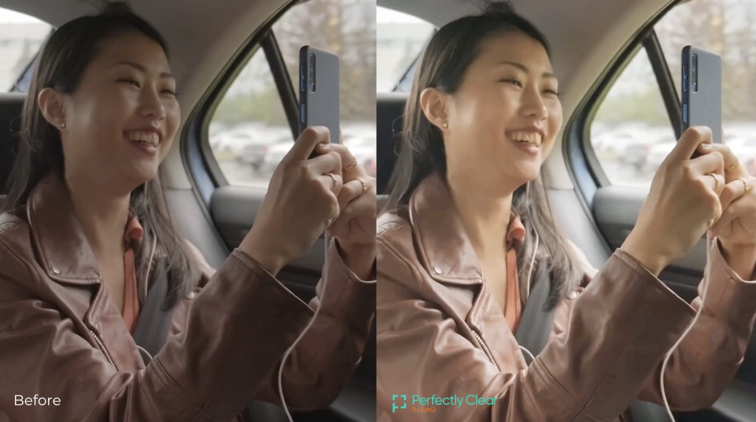 Side-by-side before and enhanced views of a woman using a phone