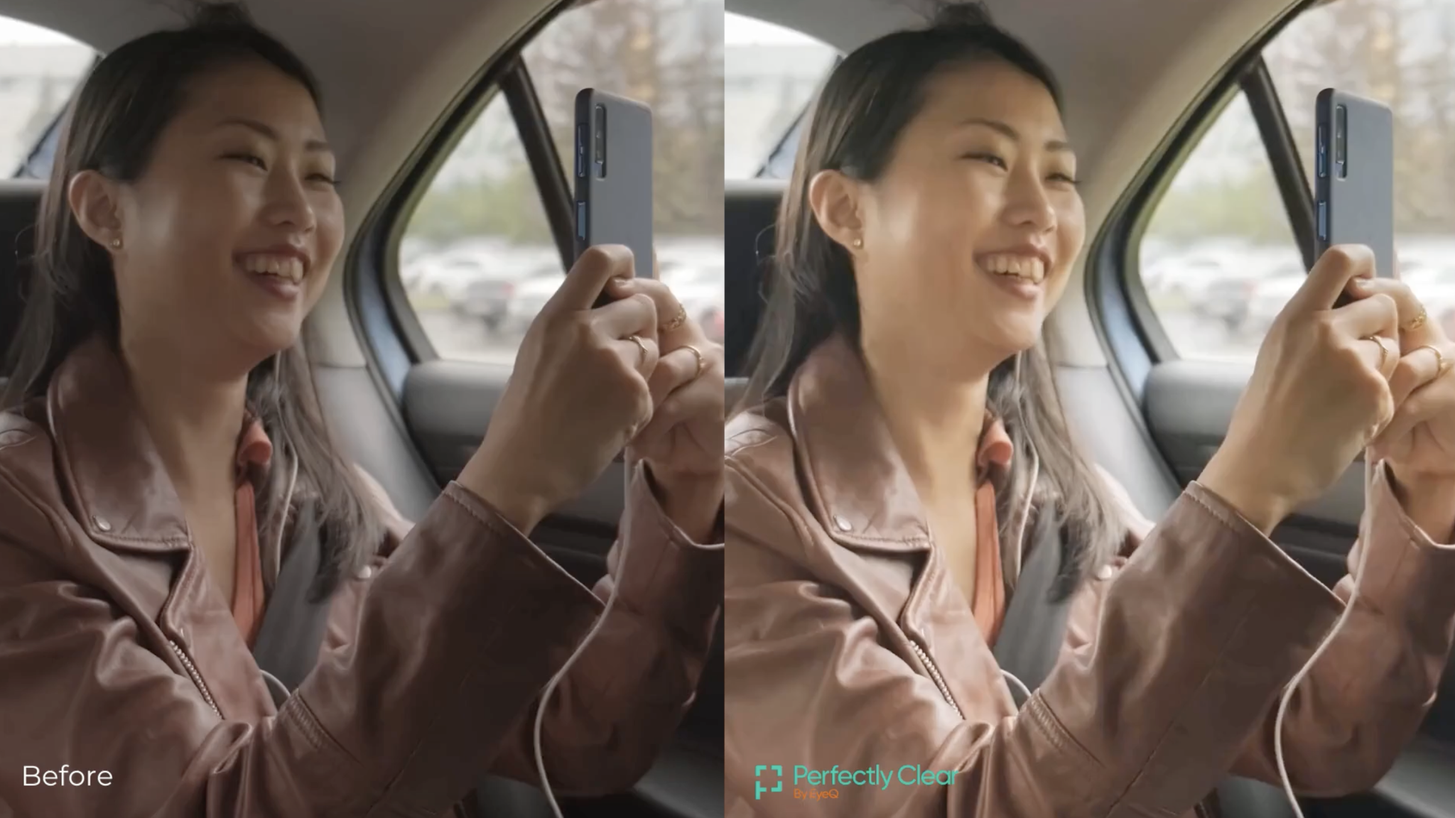 Side-by-side before and enhanced views of a woman using a phone
