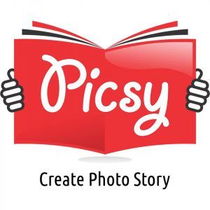 Picsy logo with open book and “Create Photo Story”