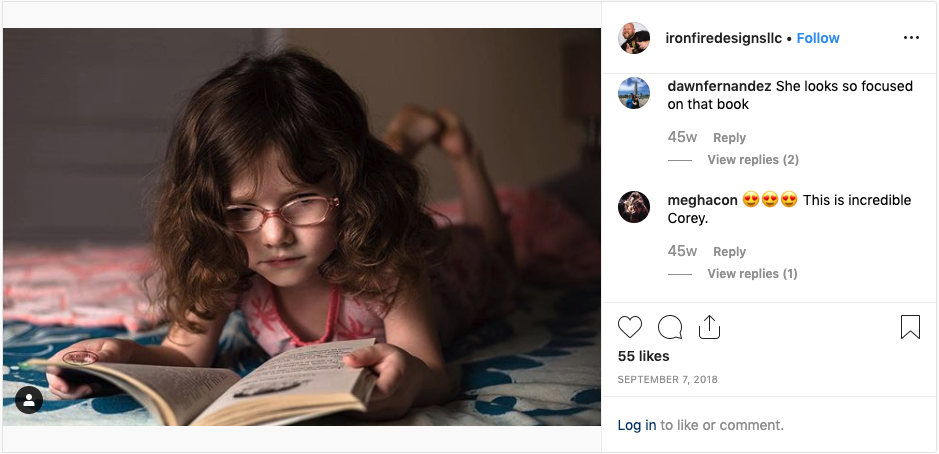 Instagram post showing a young girl wearing glasses reading on a bed