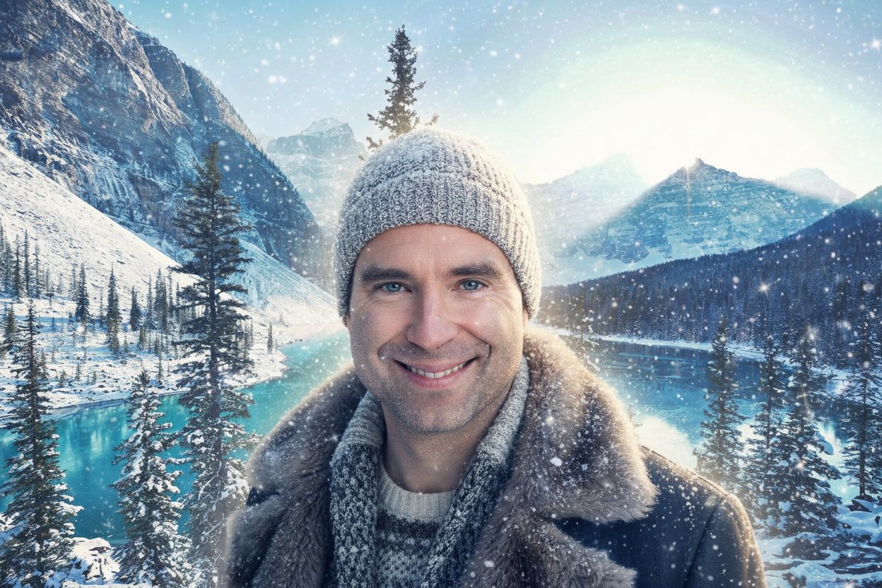 Man in winter clothing smiles beside a snowy mountain lake