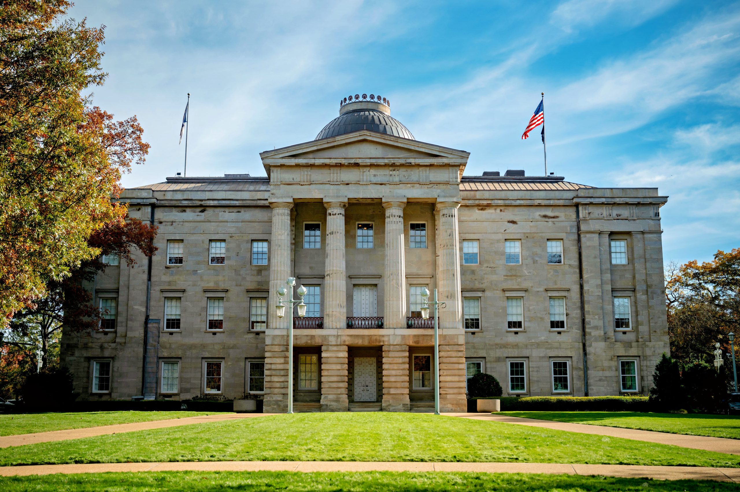 North Carolina State Capitol building with columned entrance and domed roof